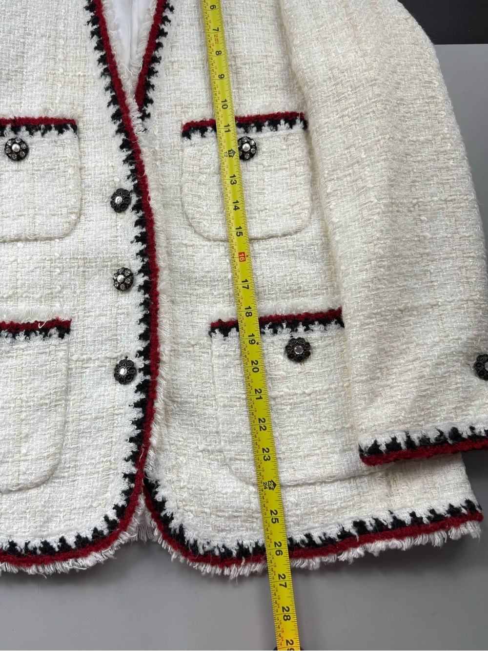 Zara Woman Tweed Bouclé Blazer Women M White Red Black Jeweled Preppy - Picture 8 of 10
